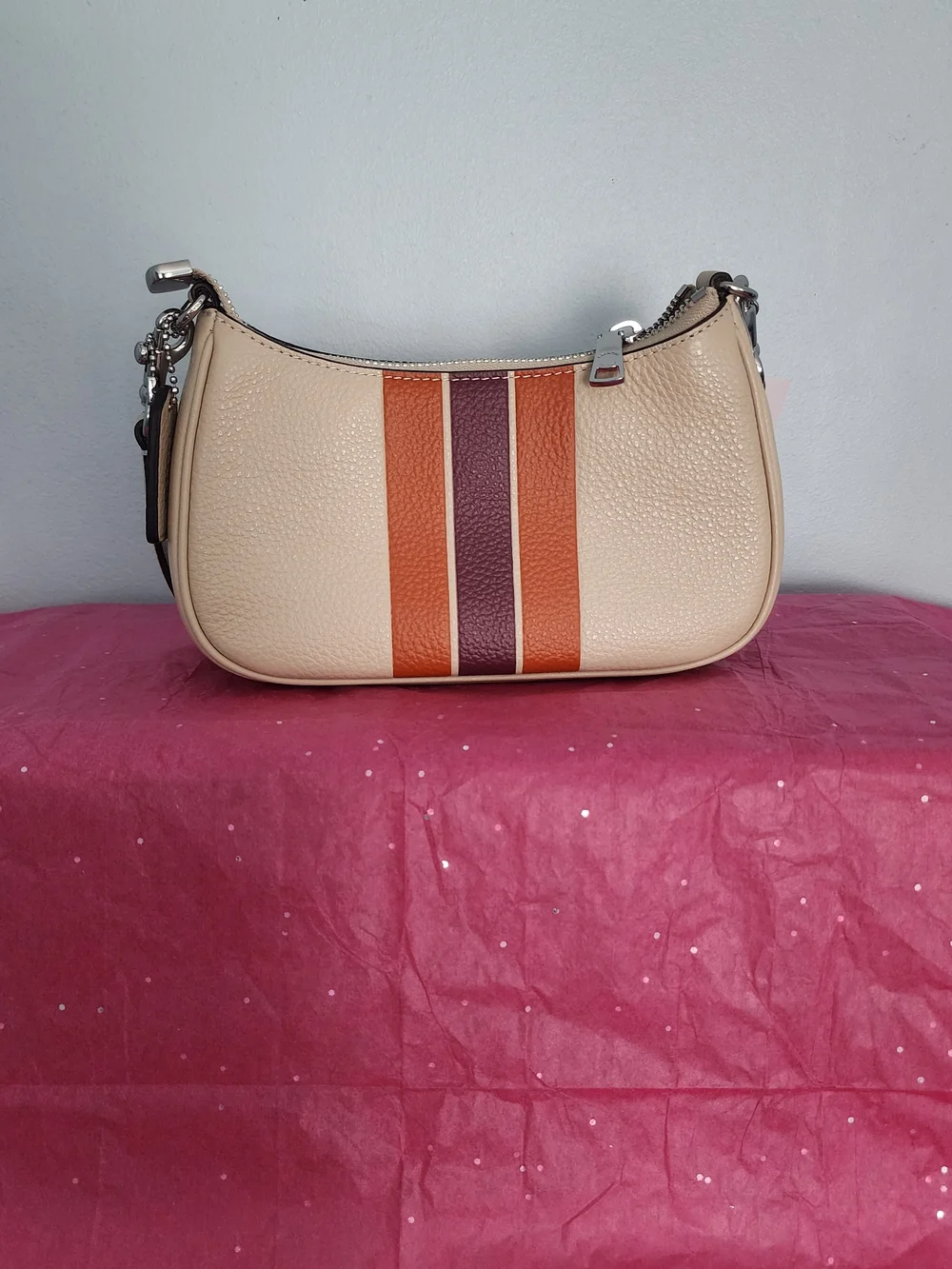 Coach Beige Pebbled Leather Shoulder Bag with Orange and Burgundy Stripes